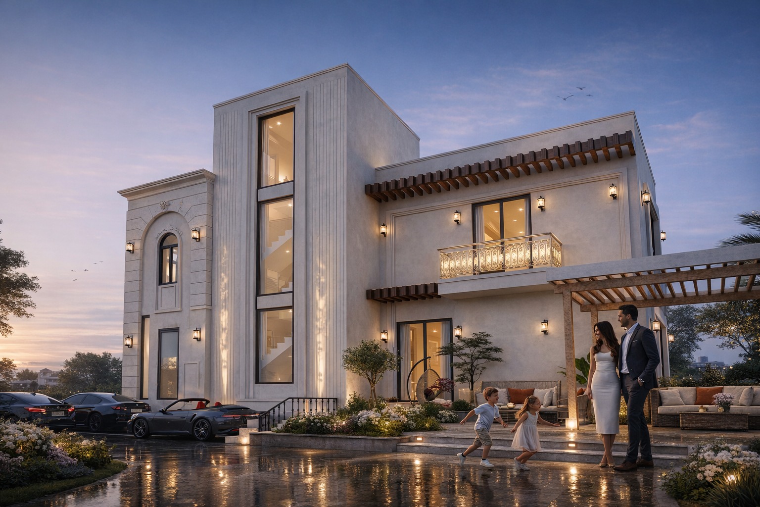 Olfa villa exterior at sunset